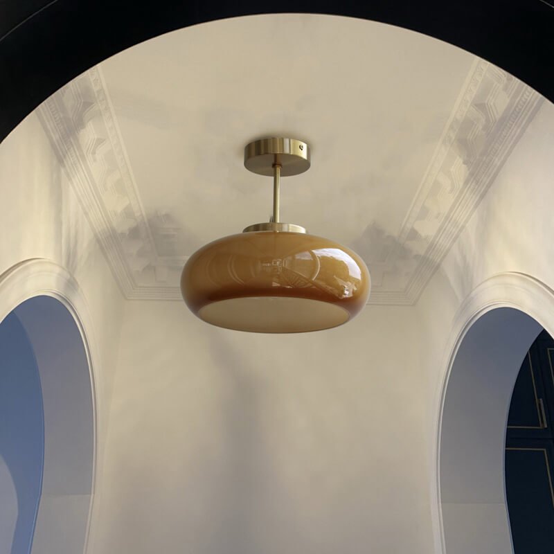 Vintage Brass Yellow Glass 1-Light Semi-Flush Mount Ceiling Light Alternate