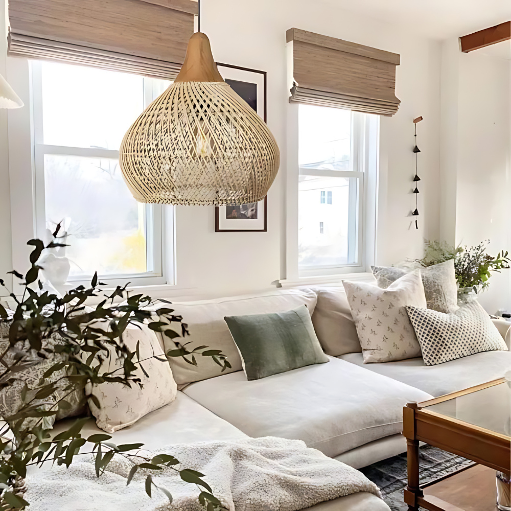 Boho Lampa Wisząca Sufitowa Pleciony Klosz