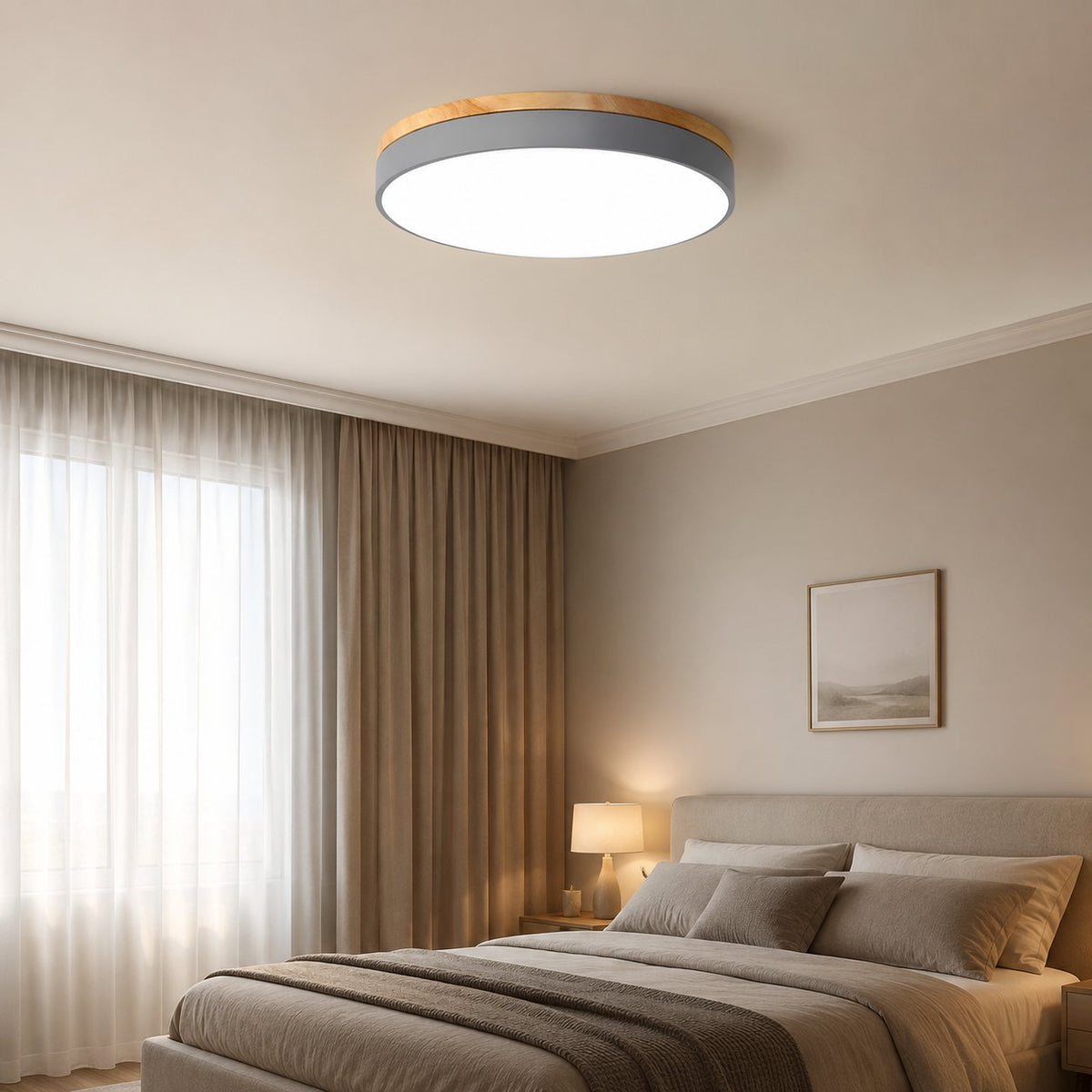 Drewniana Lampa Sufitowa Okrągła do Salonu Płaska Full