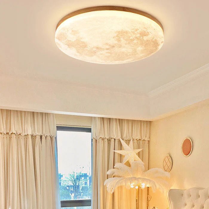 Minimalistyczna Drewniana Lampa Sufitowa LED Księżyc Okrągła Detail