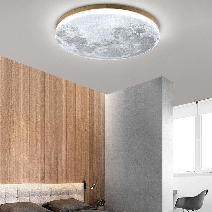 Minimalistyczna Drewniana Lampa Sufitowa LED Księżyc Okrągła Front