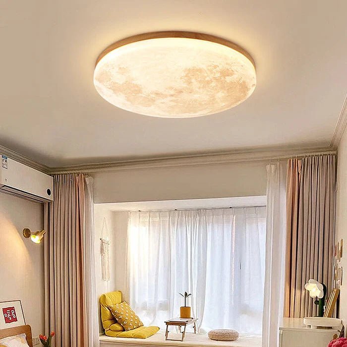 Minimalistyczna Drewniana Lampa Sufitowa LED Księżyc Okrągła Side