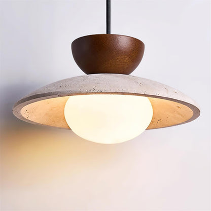 Minimalistyczna Trawertynowa Lampa Wisząca z Drewnem Lifestyle