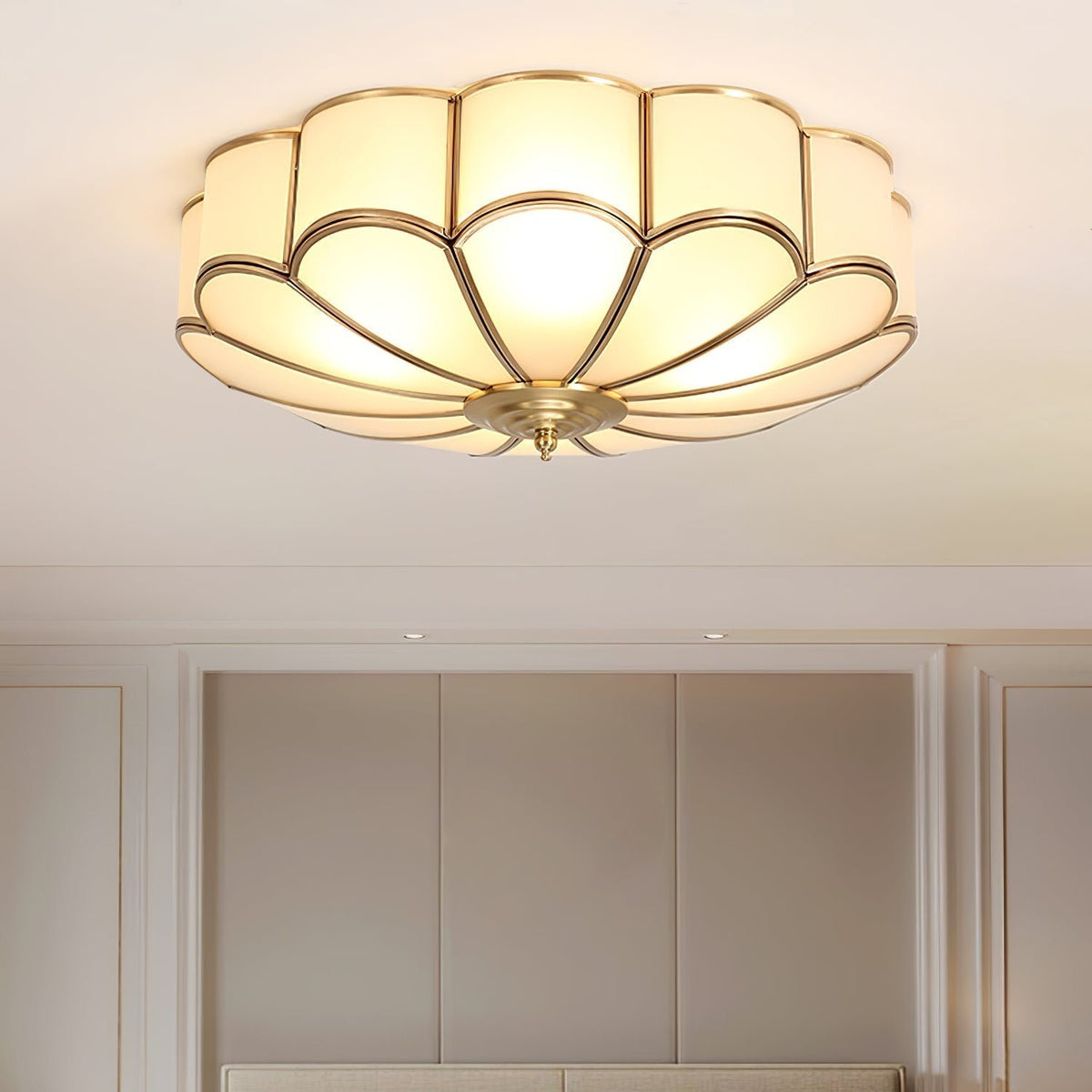 Retro Lampa Sufitowa Kwiat Mrożone Szkło Mosiądz View 12
