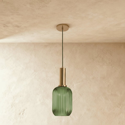 Retro Mosiężna Lampa Wisząca z Ryflowanym Kloszem Detail