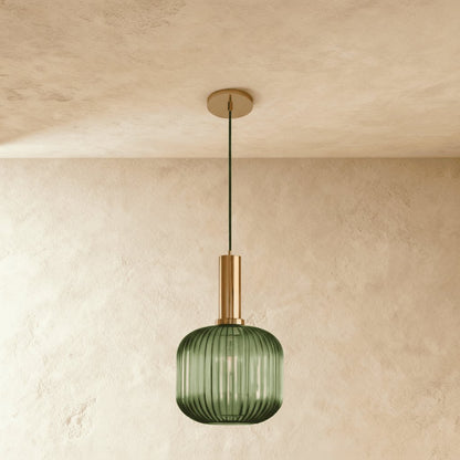 Retro Mosiężna Lampa Wisząca z Ryflowanym Kloszem Front
