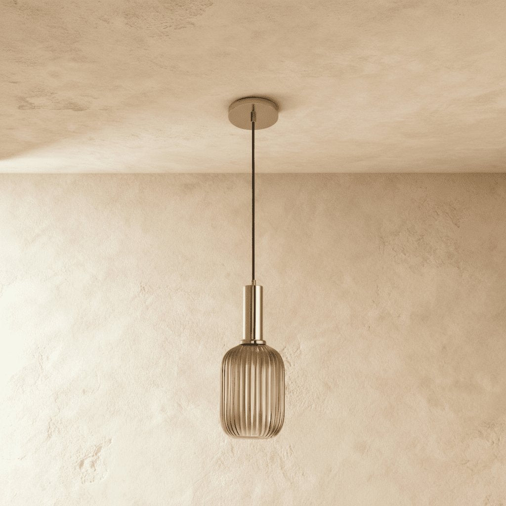 Retro Mosiężna Lampa Wisząca z Ryflowanym Kloszem Full