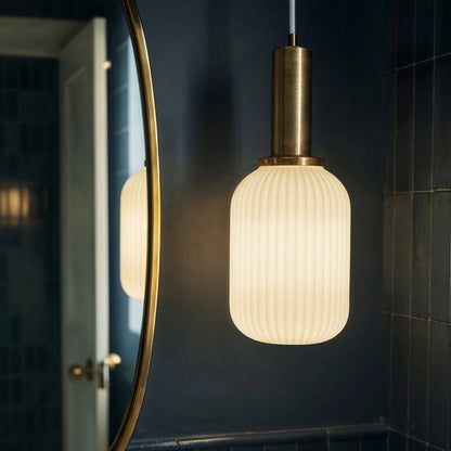 Retro Mosiężna Lampa Wisząca z Ryflowanym Kloszem View 14