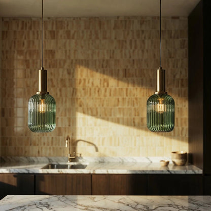 Retro Mosiężna Lampa Wisząca z Ryflowanym Kloszem View 16