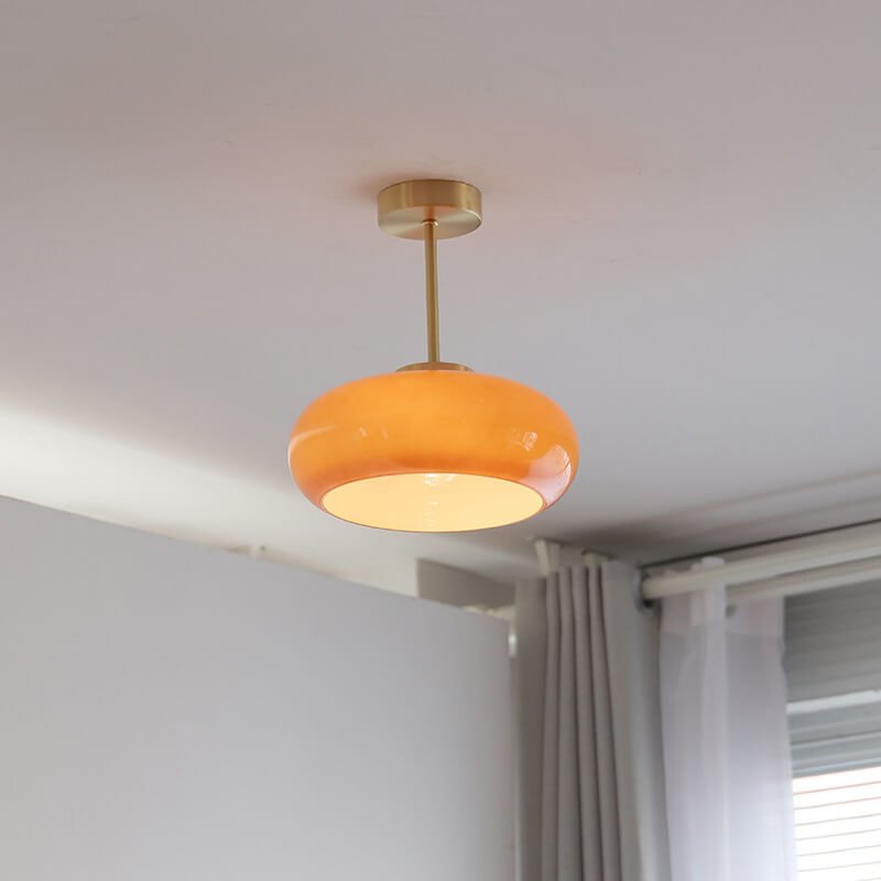 Vintage Brass Yellow Glass 1-Light Semi-Flush Mount Ceiling Light Angle