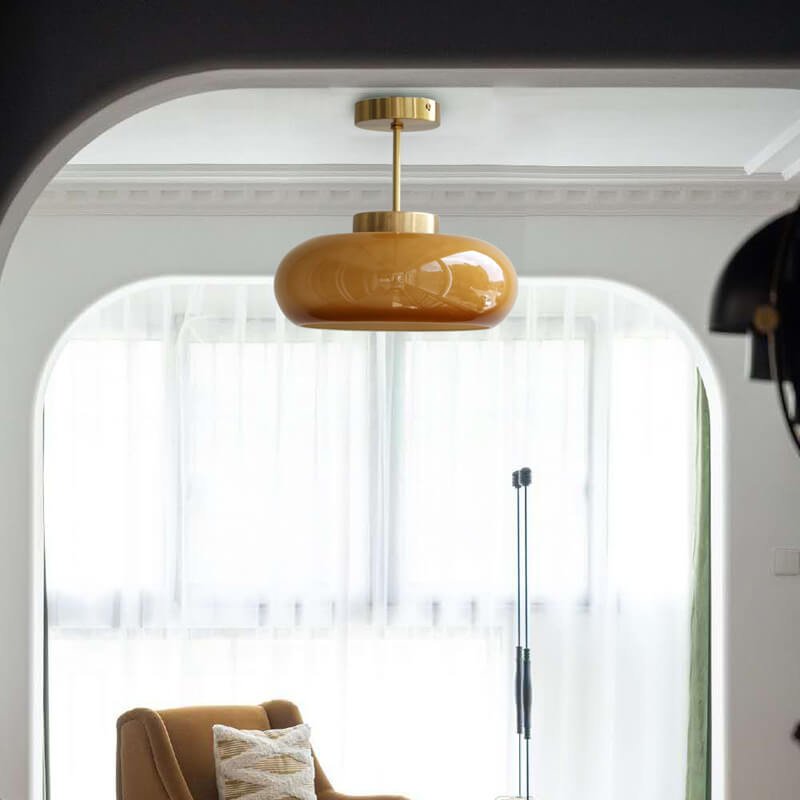 Vintage Brass Yellow Glass 1-Light Semi-Flush Mount Ceiling Light Front