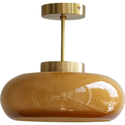 Vintage Brass Yellow Glass 1-Light Semi-Flush Mount Ceiling Light Full