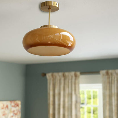 Vintage Brass Yellow Glass 1-Light Semi-Flush Mount Ceiling Light Hero
