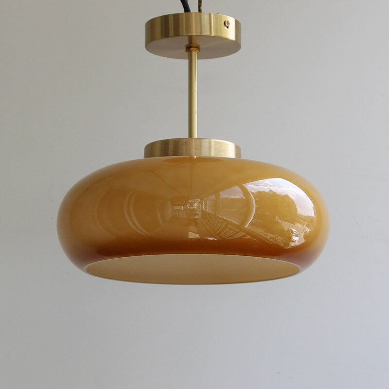 Vintage Brass Yellow Glass 1-Light Semi-Flush Mount Ceiling Light Side