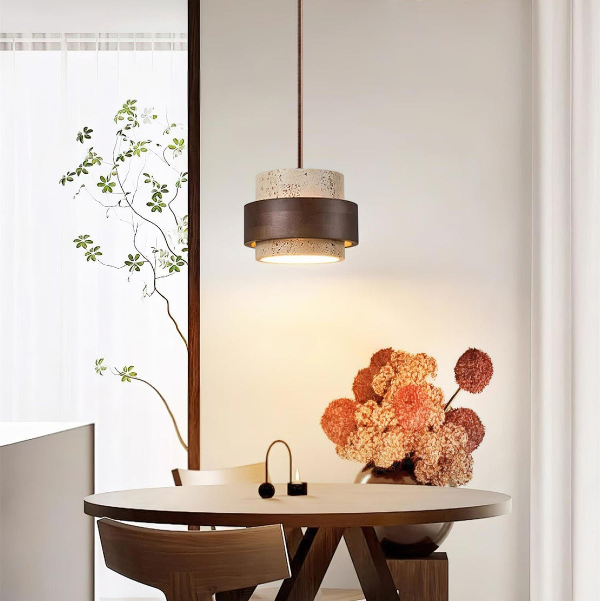 Współczesna Trawertynowa Lampa Wisząca z Drewnem Walnut Detail