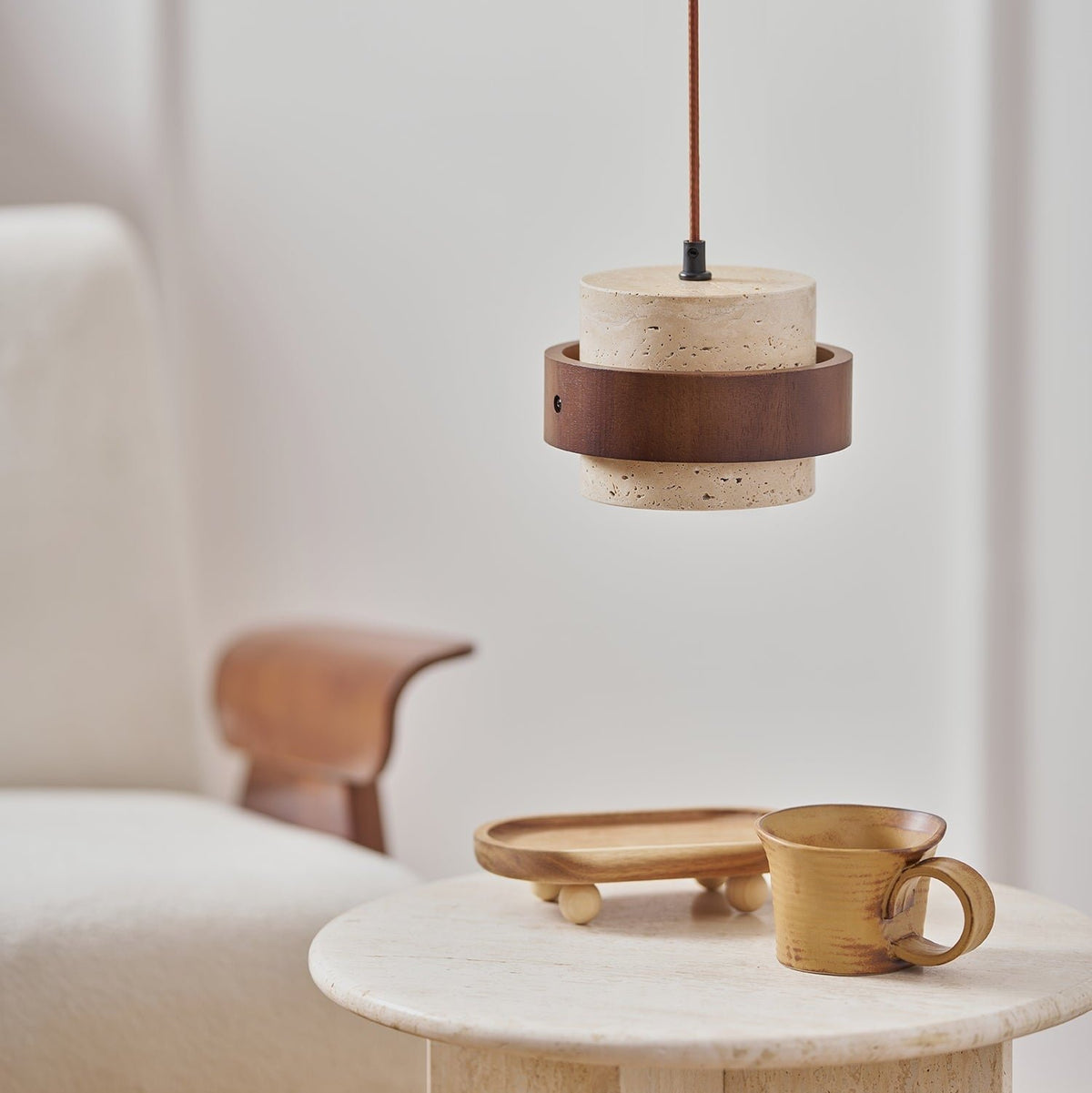 Współczesna Trawertynowa Lampa Wisząca z Drewnem Walnut View 28